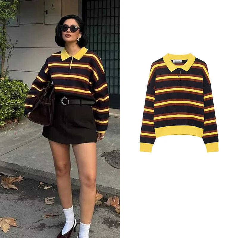 

Women's 2025 New Autumn Pullover Tops Fashion Striped Elegant Polo Neck Sweater Women Chic Warm Travel Street Youth Sweater