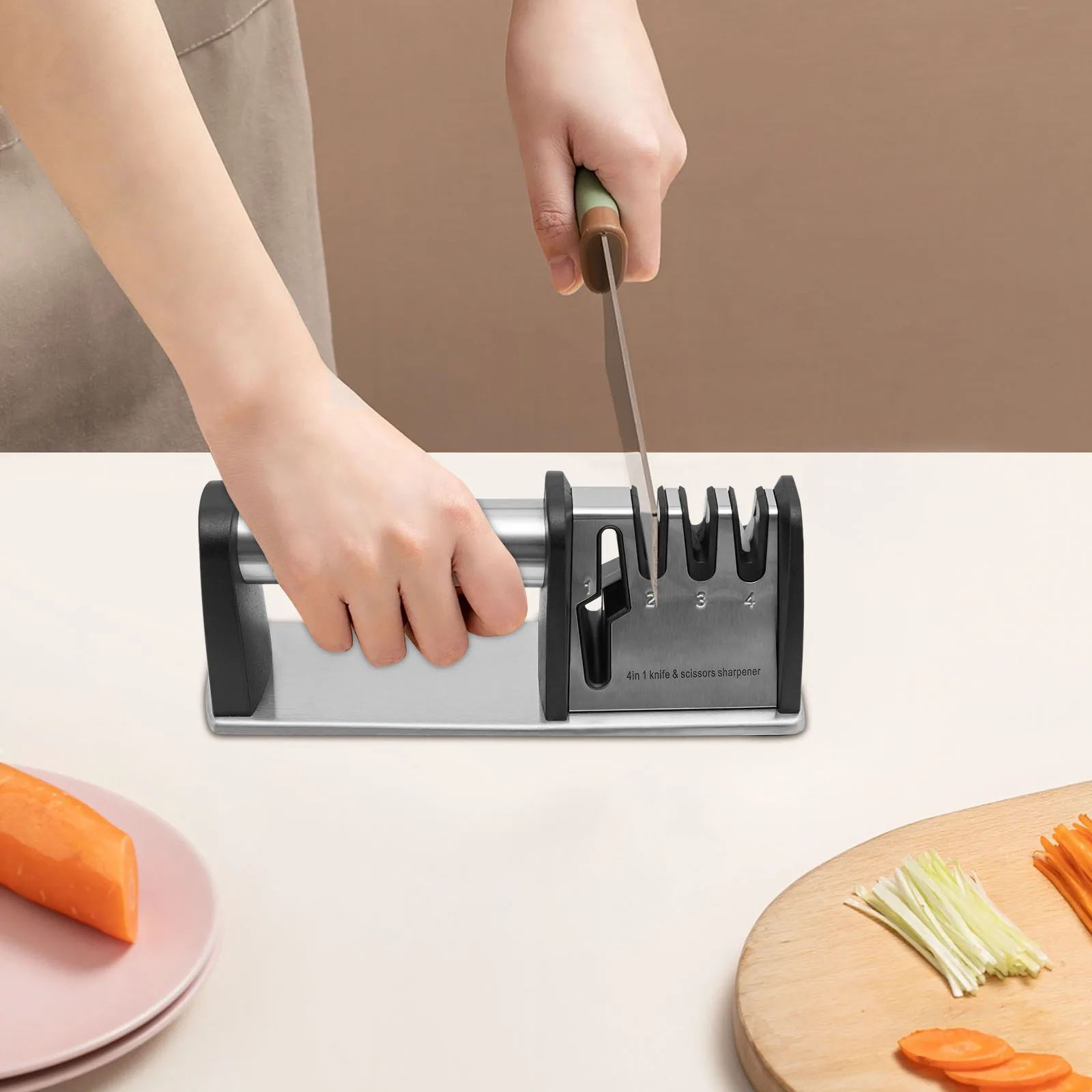 Affûteur de couteaux de cuisine, 4 en 1, diamant pour affûter les couteaux, les ciseaux, les couteaux à baïonnette, les couteaux de chasse, les couteaux de poche