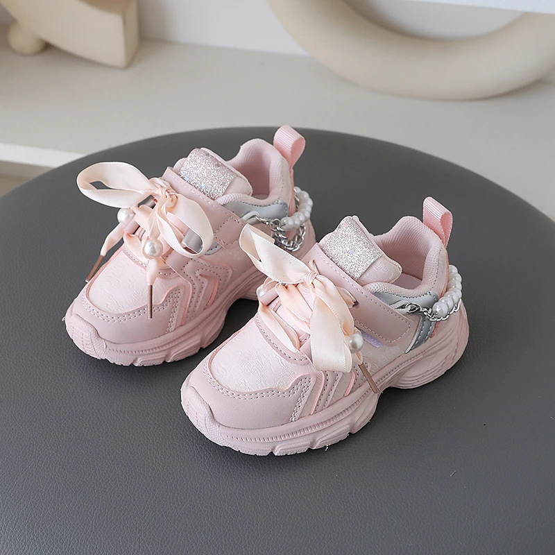 Girls Bow-tie Design Sneakers Baby Anti-slip Soft Casual Shoes Little Princess Fashion Metal Beading Decoration Sports Shoes