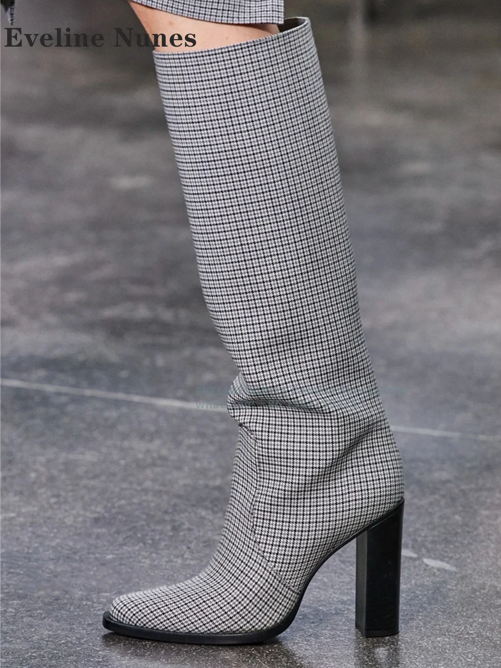 

Plaid Retro Block Heel Knee High Boots Pointed Toe Splicing Pull On Runway Show Women Modern Boot Plus Size 2024 Winter Newest