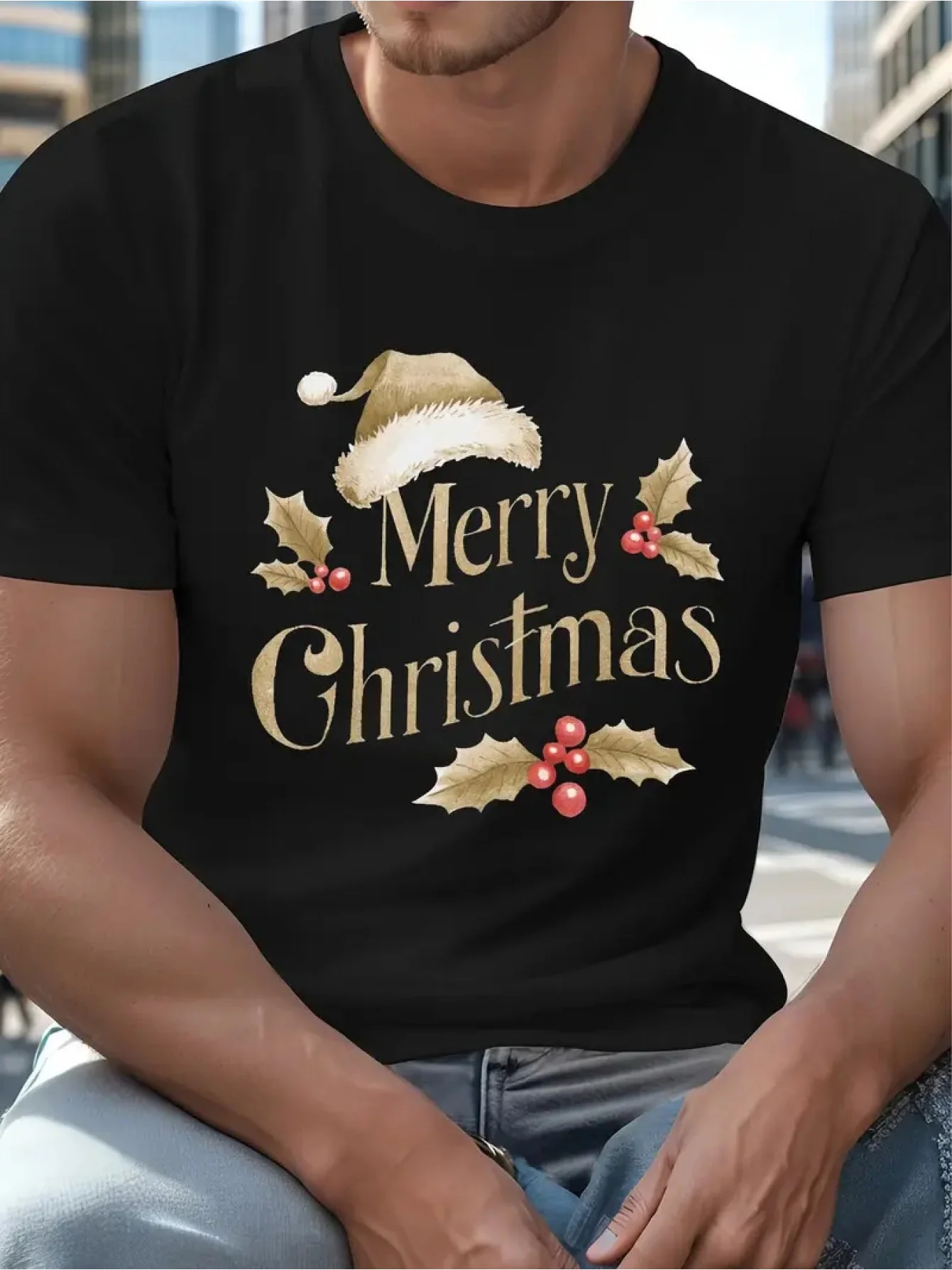 남성용 심플한 MERRY CHRISTMAS 프린트 크루넥 반팔 티셔츠, 심플하고 패셔너블하며 편안하고 통기성이 좋습니다.