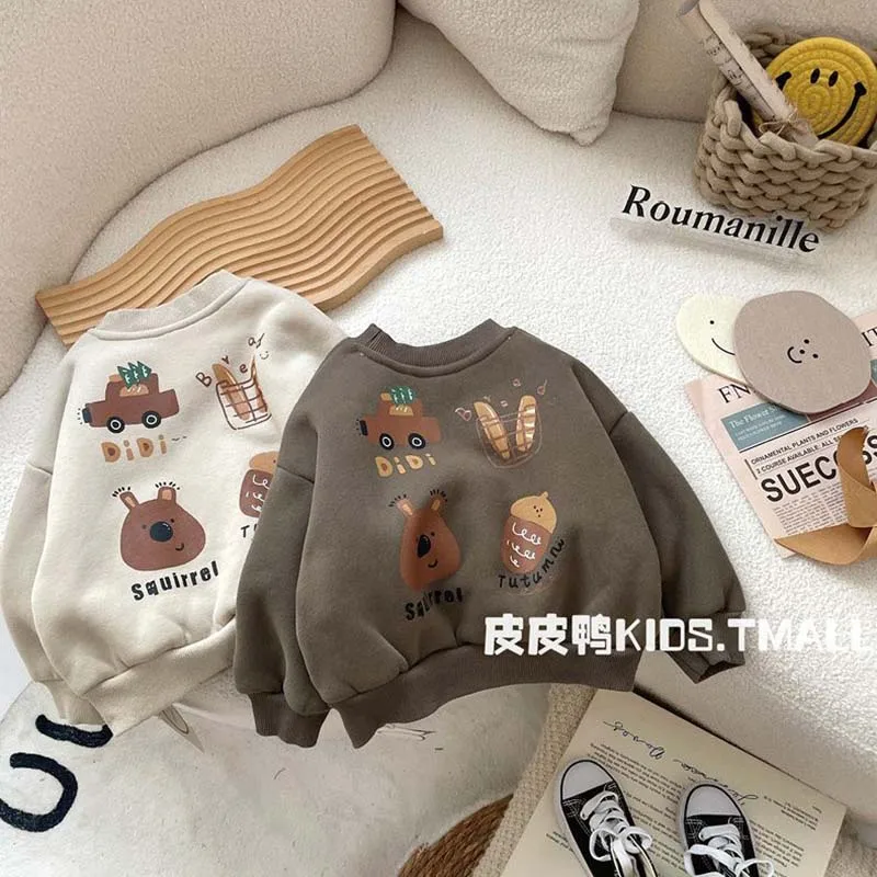 

2024 Cartoon Plush Kids Sweatshirts Children's Winter Korea Style Children's Cartoon Thickened Boys' Sweater Loose Casual Top