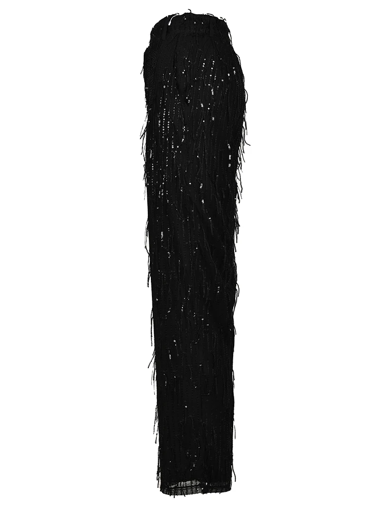 [EAM] High Elastic Waist Black Sequins Tassels Long Pants New Loose Fit Trousers Women Fashion Tide Spring Autumn 2024 CPG0228
