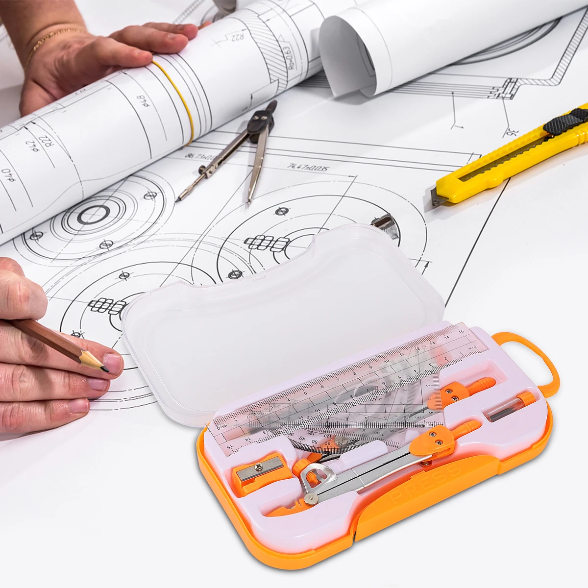 Metal Compass Drawing Tool Geometry Kit Plastic Case Reusable Pouch Lightweight Math Ruler Set School Office Students