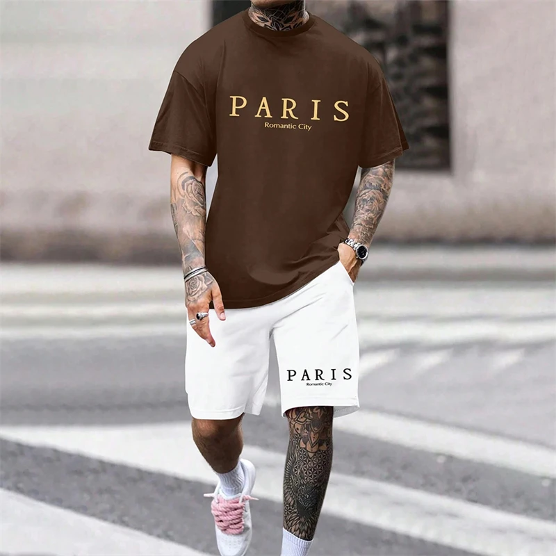 

A Classic Casual Summer Set Of Outdoor Sportswear With Letters Printed On It, Men's T-shirt And Round-neck Two-piece