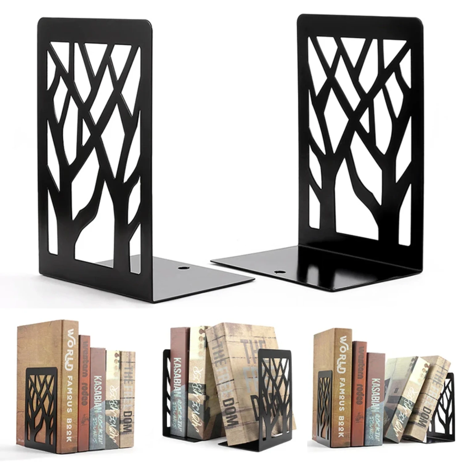 Stable Black Iron Metal Bookends - 1 Pair of Hollow Out Bookend Supports for Office Desk, Organize and Display Your Books Effort