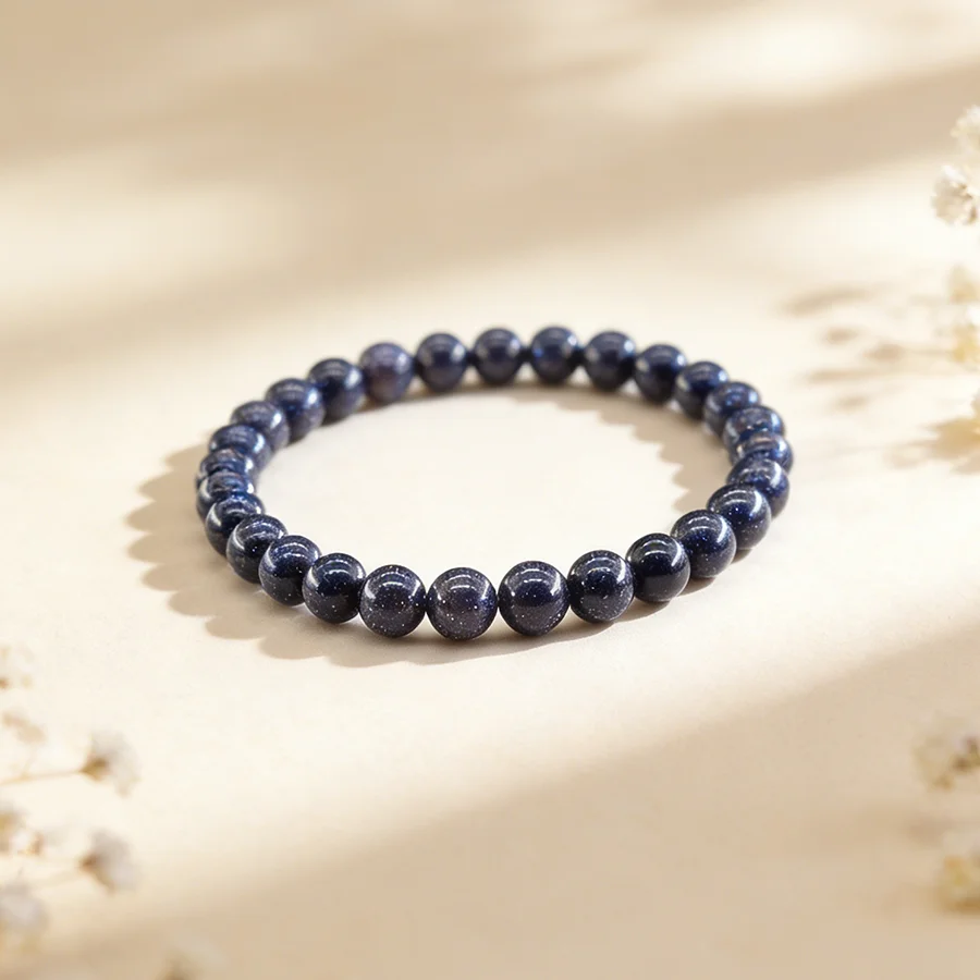 Pulseira de Pedra Areia Azul Natural Genuína 6/8mm Unissex Brilhante Lisa com Contas, Joia de Cura, Presente Casual para o Dia dos Namorados