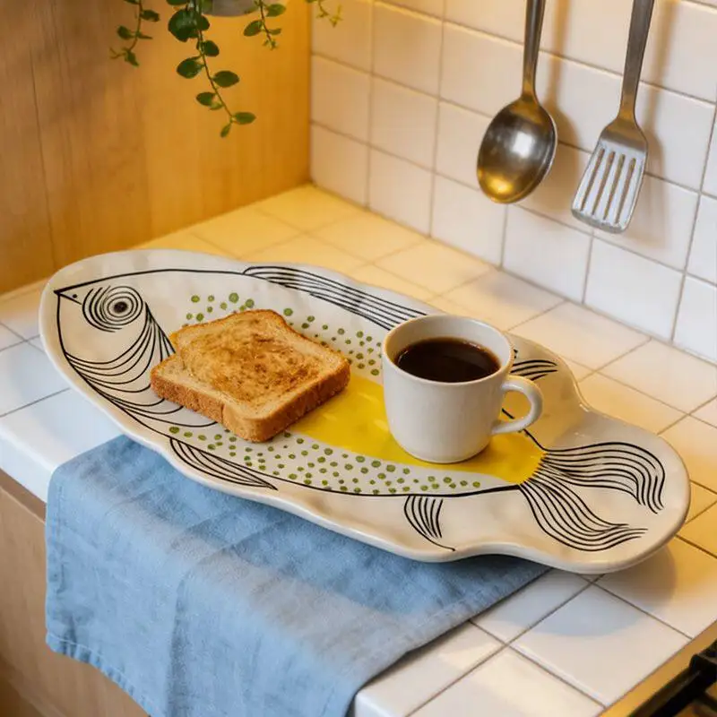 Ceramic Fish Plate Phnom Penh Green Creative Fish Shaped Porcelain Plate Household Salad Dessert Long Dish Kitchen Tableware