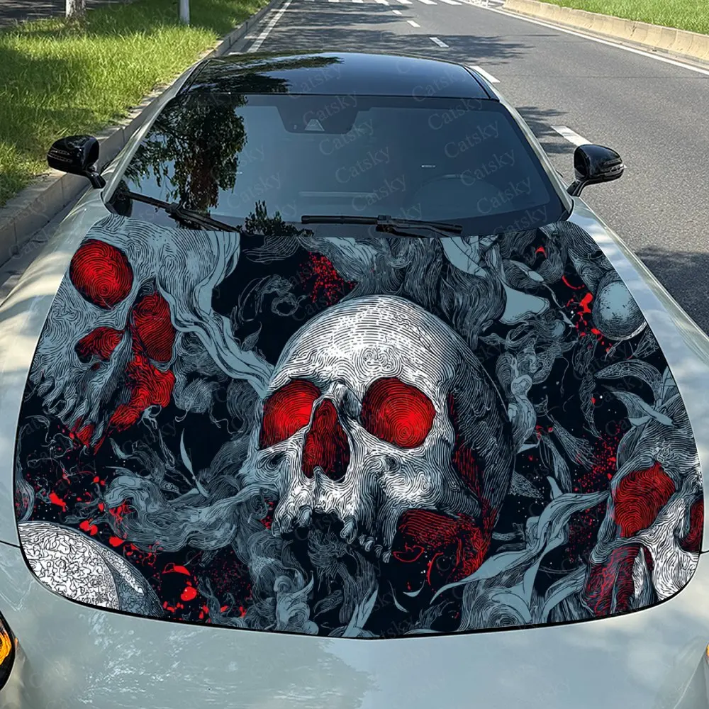 Car Decal Skull with Red Eye & Smoke Element in Dark Gothic Design, Creating a Bold and Mysterious Visual Car Hood Sticker, Wate