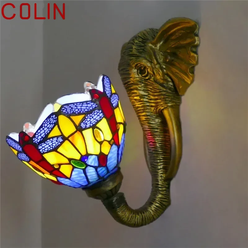 COLIN Tiffany Elephant โคมไฟติดผนังห้องนอนห้องน้ํากระจกด้านหน้าโคมไฟโรงแรมร้านอาหาร Stained Glass โคมไฟติดผนัง