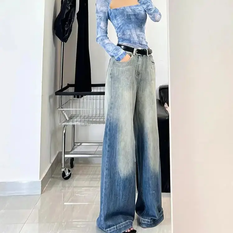 American High Street Washing Blue Gradient Micro-Flare Jeans Women Summer Niche Design Straight-Leg Casual Floor-Moving Pants