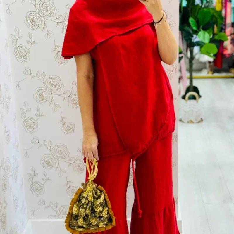 Setelan Wanita Kasual Modis Longgar Warna Solid Ukuran Besar Musim Semi Gugur Tanpa Lengan Sambungan Leher Bulat Celana Lebar Dua Potong