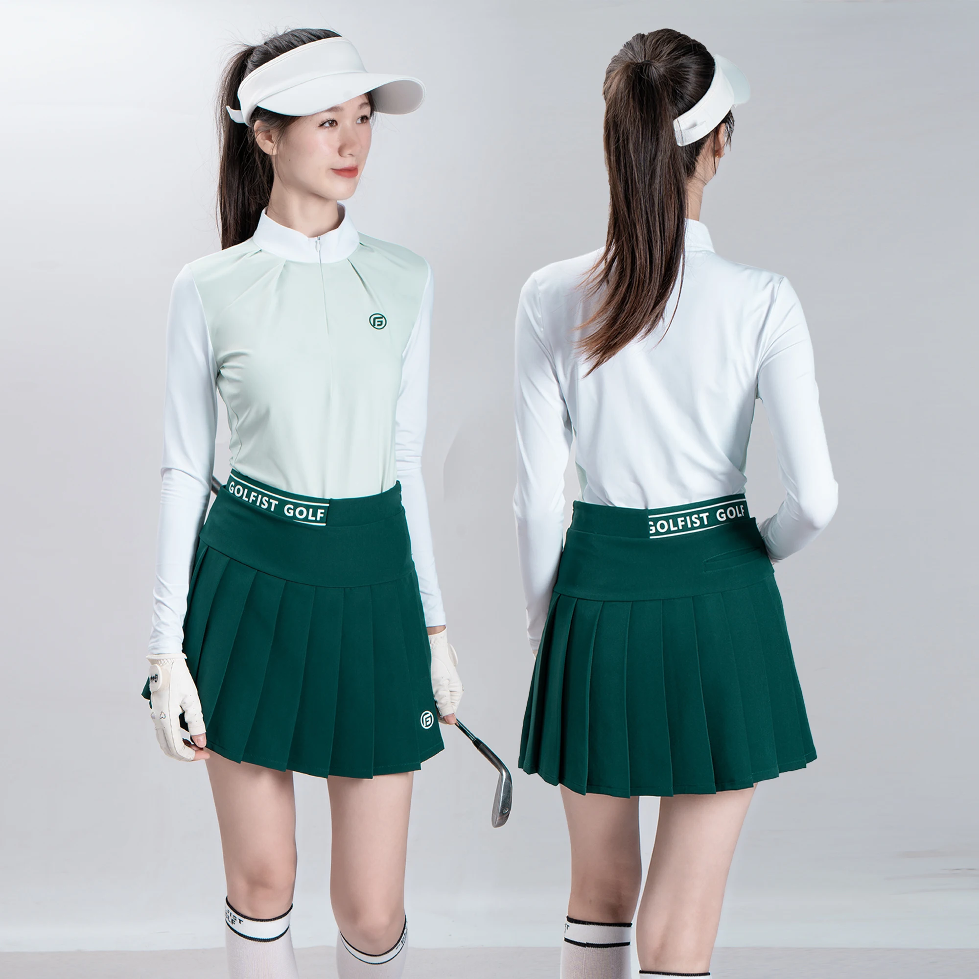 Golf Ladies Spring Autumn Long Sleeve High Elastic T-shirt Collar Top Women's Set with Flared Pants by Gaofei