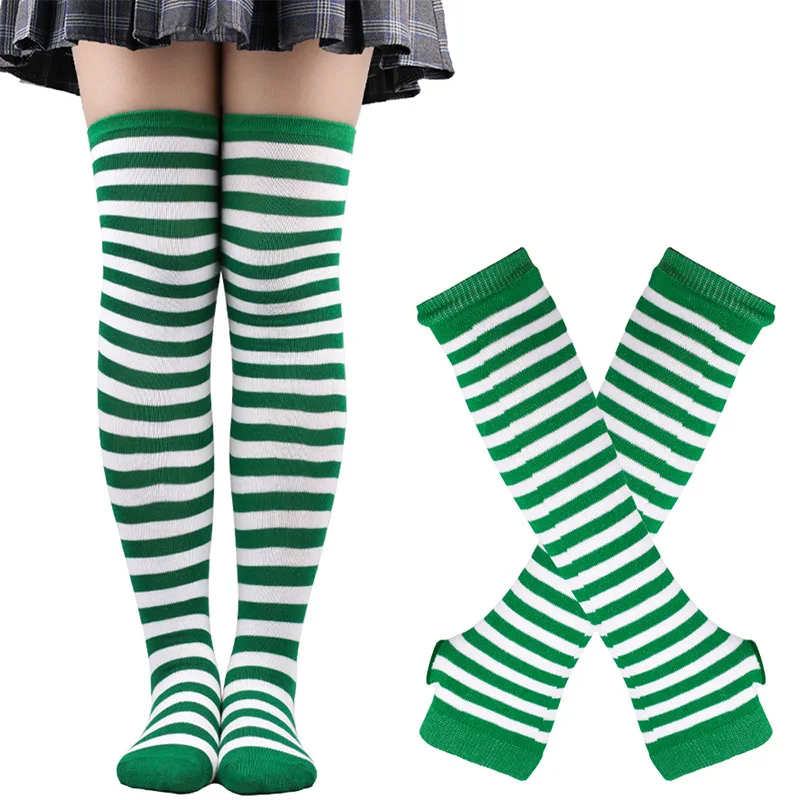 1 Set Overknee Socks Women Girls Long Stockings Arm Sleeve Gloves Set Sweet Cute Plus Size Stripe Design Thigh High Cotton Socks