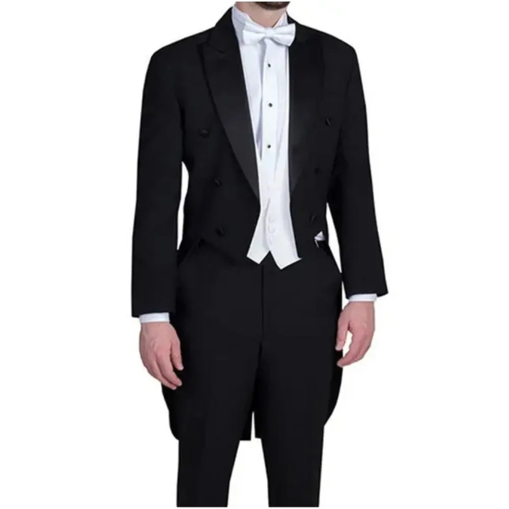 

Black Tuxedos Men Suits Evening Party Peaked Lapel Wedding Groom Blazer For Man Latest Design Long Coat Custom Made 3 Pieces