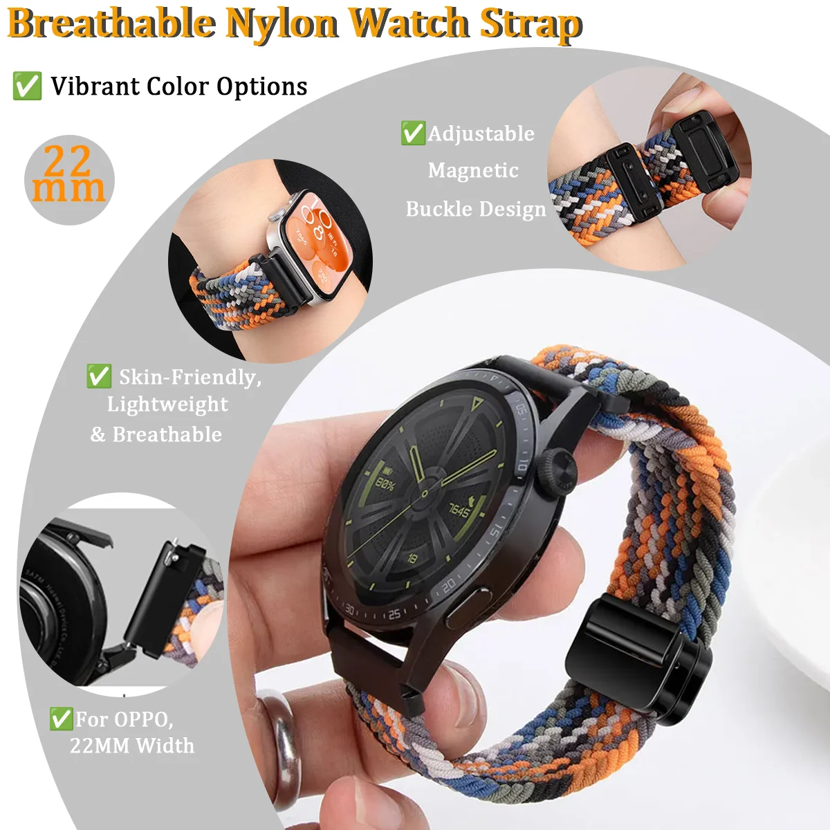 22mm Braided Nylon Loop For OnePlus Watch 3/2 2R/OnePlus 46mm Weave Bracelet For OPPO Watch S/OPPO Watch X X2 4Pro Sport Band