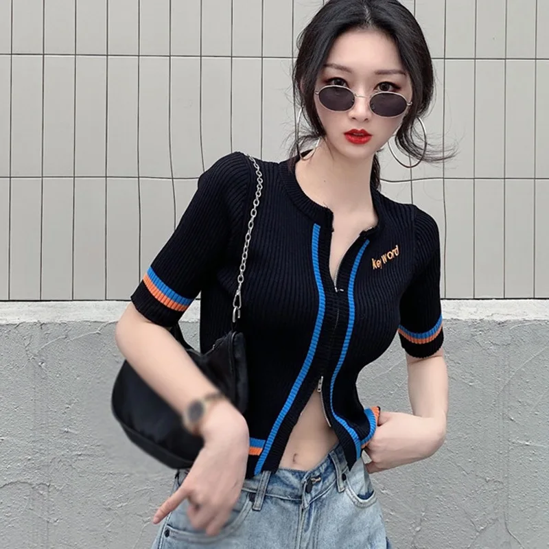 Women\'s Sexy Fashion O Neck Zipper Casual Navel Exposed Short Sleeved Knitted Cardigan
