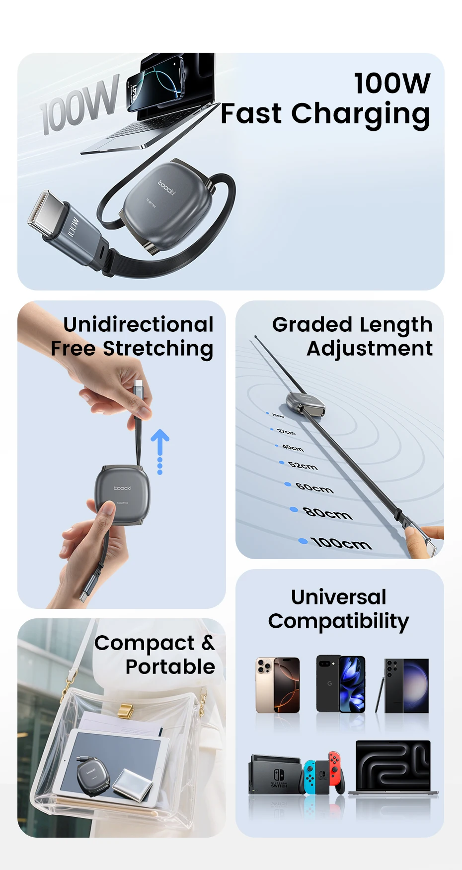 Toocki 5/10 Stück 100W Einziehbares USB-C-Kabel TPE Flach Automatisch Aufrollbar Einstellbares Schnellladekabel Typ C zu C für iPhone Samsung – Detail 2