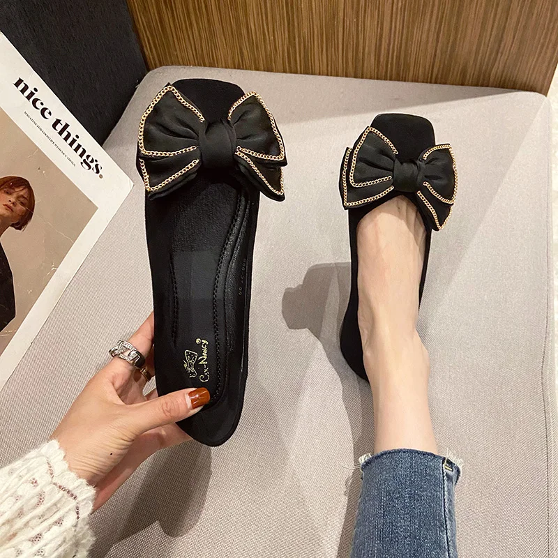 Women Flats with Bow Zapatos Planos De Mujer Woman Summer Shoes Size 44 Flat Shoes Size 33 45 Square Head Velvet Black Moccasins