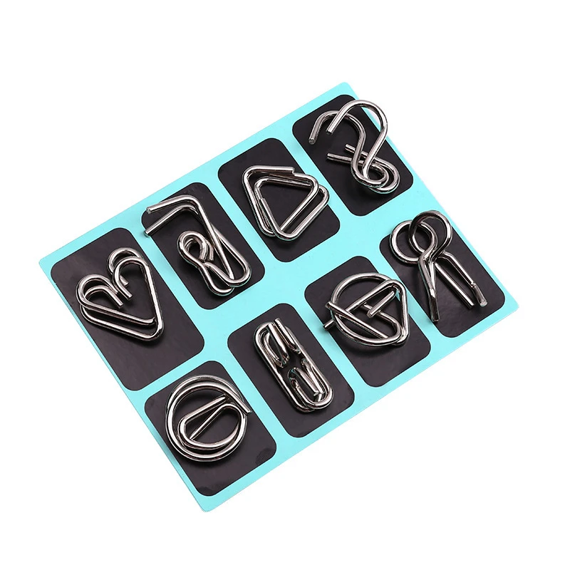 8PCS Intelligent Metal Brain Unlocking Ring Buckle Montessori Wire linked Puzzle Set Teaser IQ Game Casse Tete Toy for Kid Adult