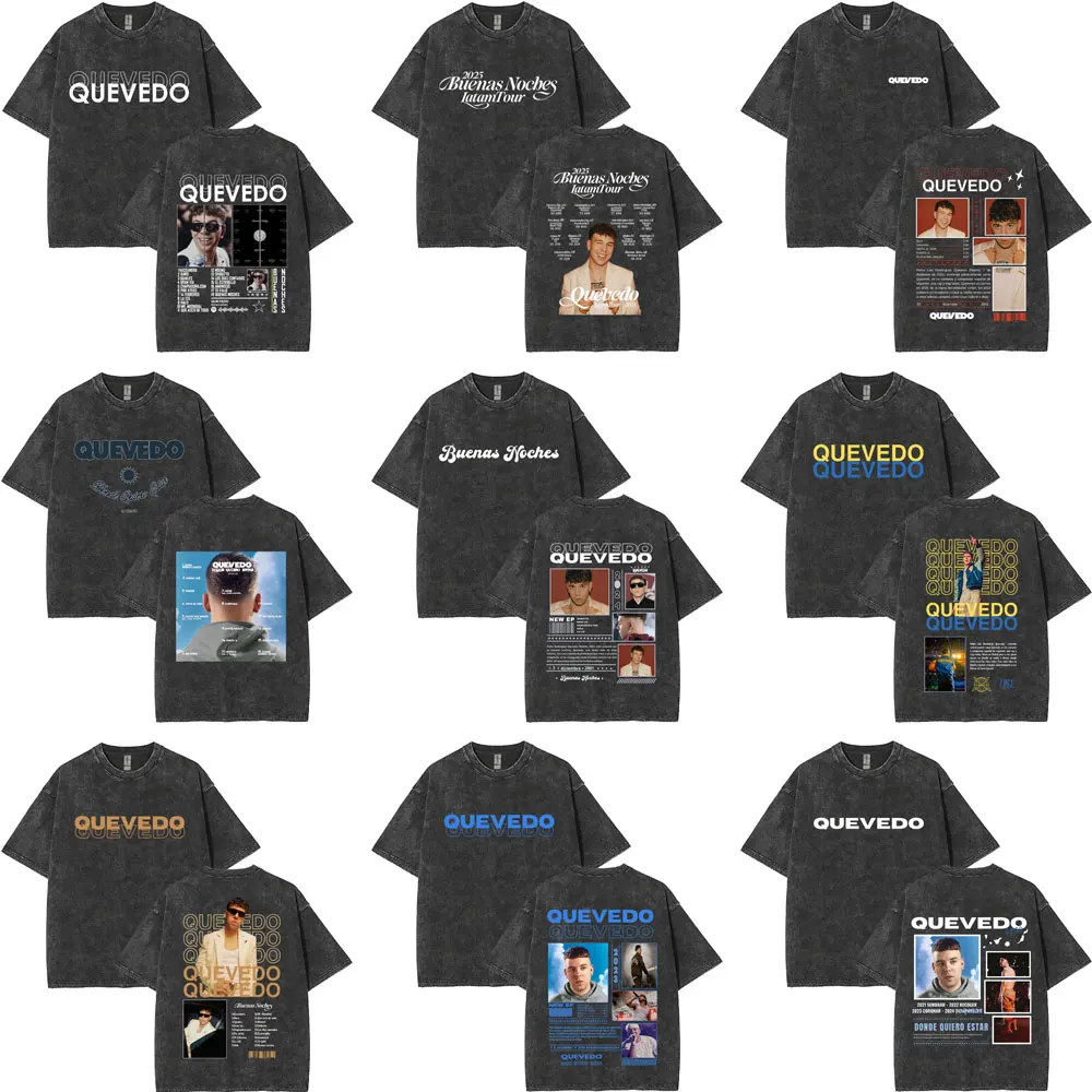 Rapper QUEVEDO Buenas Noches Tour Washed Vintage T Shirts Men Women Hip Hop Oversized T-shirts Men's Casual Cotton Retro T-shirt