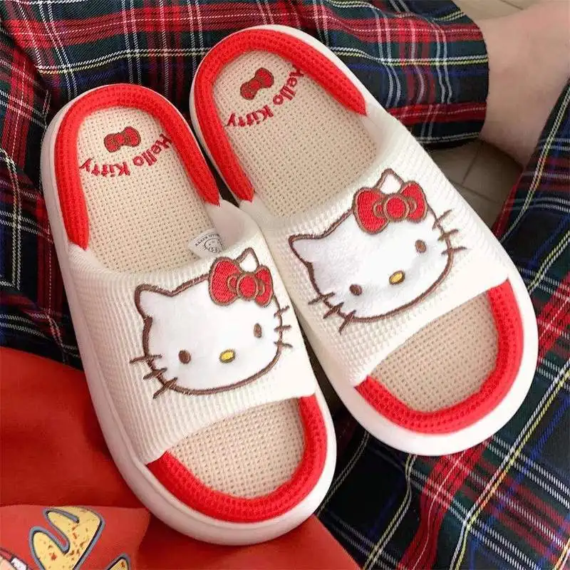 

Милые домашние тапочки Sanrio Hello Kitty для женщин, всесезонные, нескользящие, льняные, красные, с аниме-дизайном, удобные, мультяшные, праздничный подарок