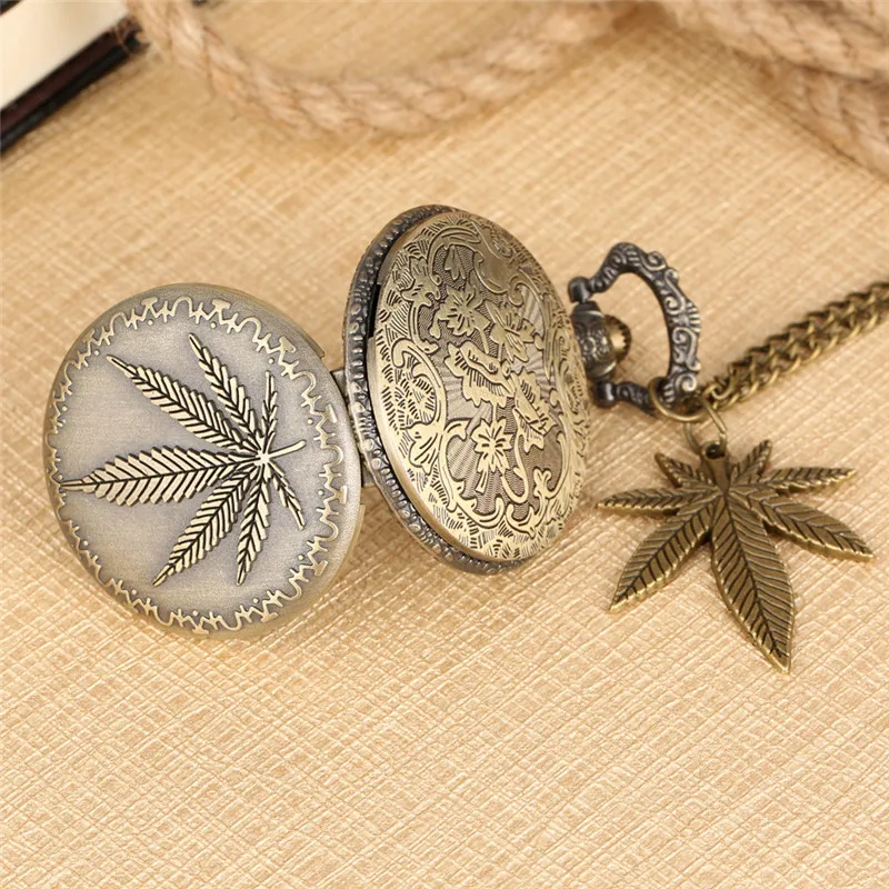 Vintage Engraved 3D Leaf Design Bronze Quartz Analog Pocket Watch for Men Women with Sweater Necklace Chain Collectable Clock