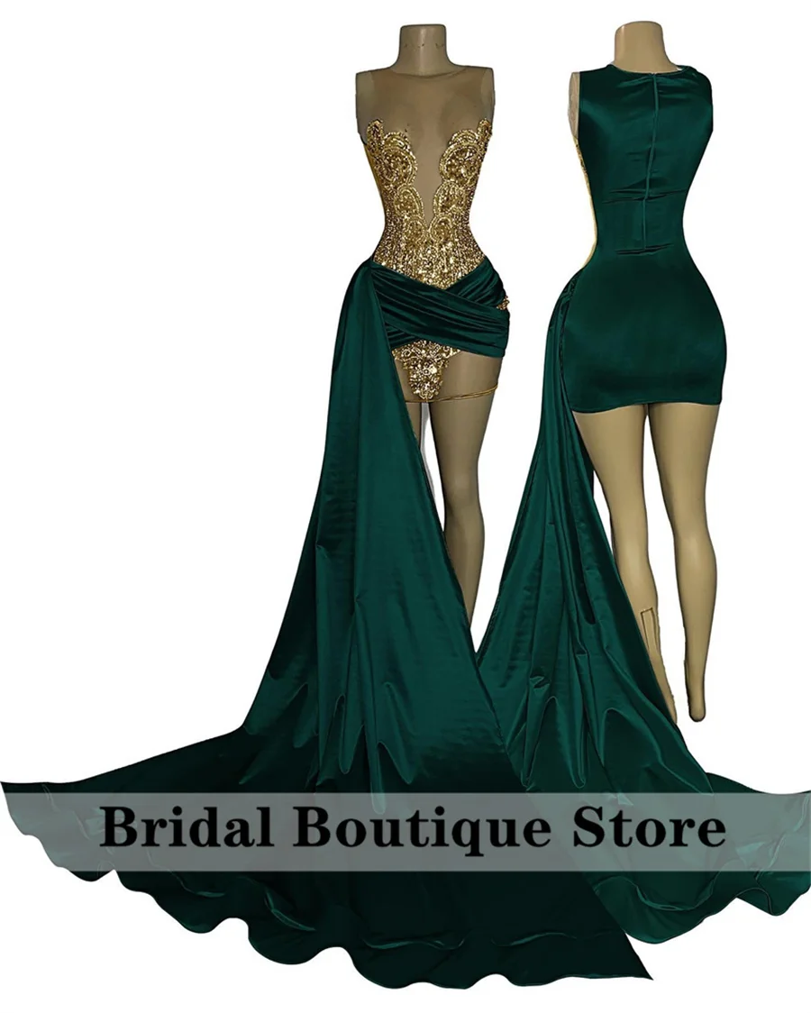 Luxury Green Velvet Prom Dress 2025 Sheer Neck Beads Crystal Gems Birthday Party Cocktail Homecoming Gowns Robe Customized