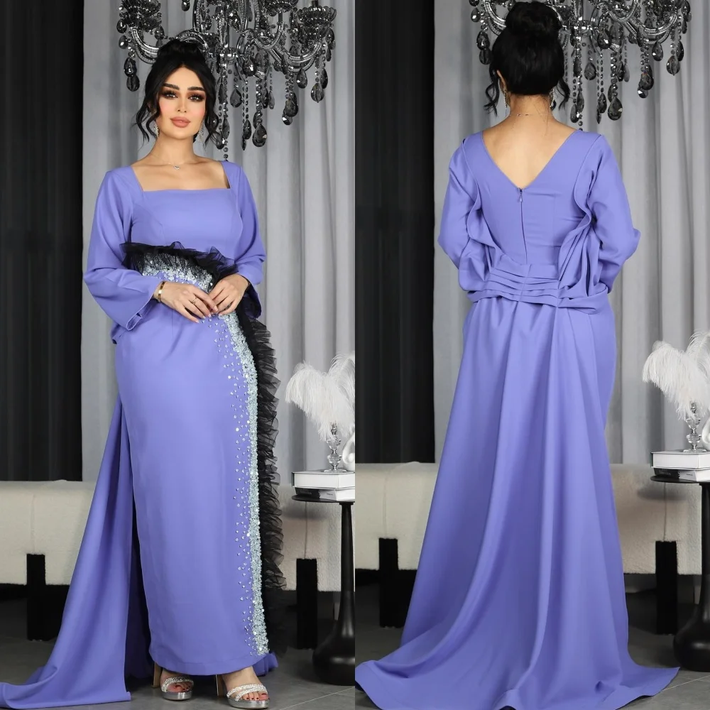 Jersey Beading Draped Ruched Party A-line Square Collar Bespoke Occasion Gown Midi Dresses