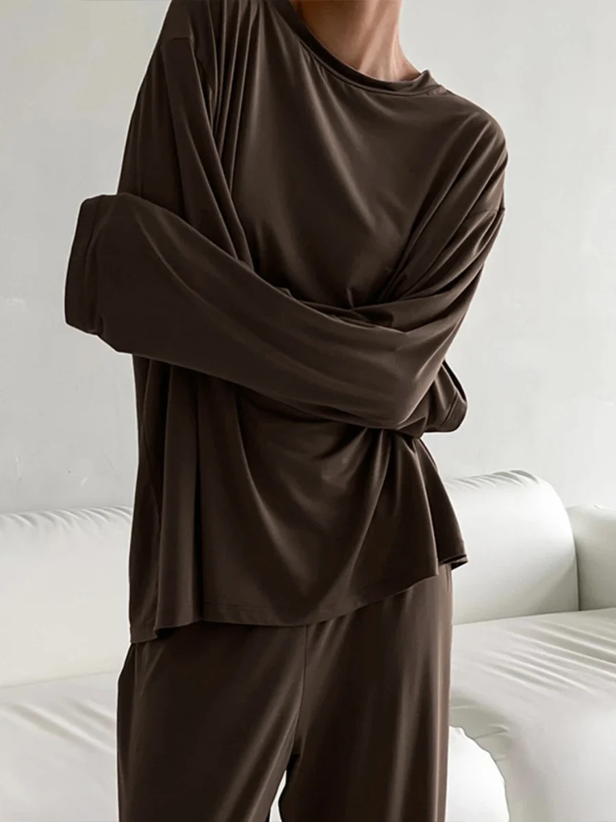 

Autumn New Round Neck Long Sleeved Pants Pajama Set Women's Solid Color Basic Top Casual Loose Home Clothing Suits