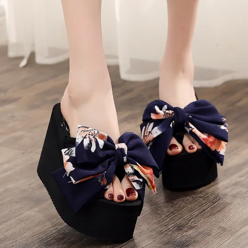 

11CmHigh Heel Women's Ultra-high Bowknot Slippers Women's Large Size Muffins Thick Bottom Non-slip Sandals Women's Wedge Sandals