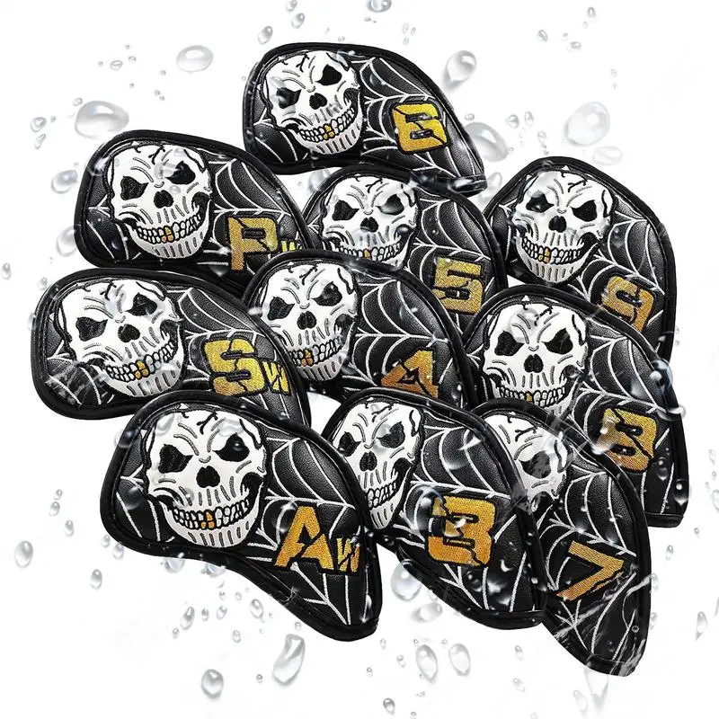 

Golf Iron Head Covers Waterproof 10 Pieces PU Leather Skull Pattern Iron Head Covers Soft Equipment Protector Sports Supplies