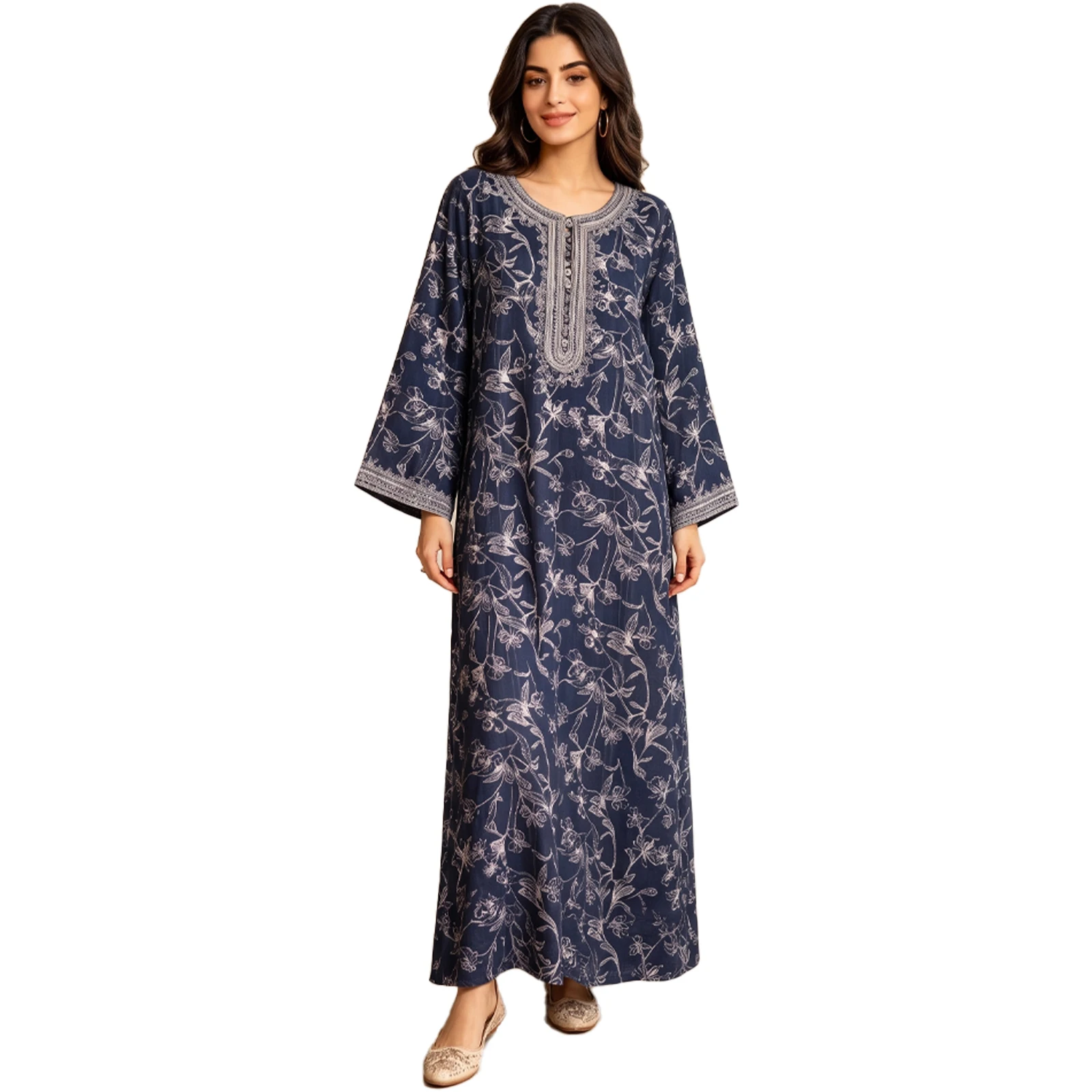 

Aiyu Nuex Women's Traditional Dresses and Abayas Exquisite Embroidery Abaya Woman Silver Print Long Loose Kaftan