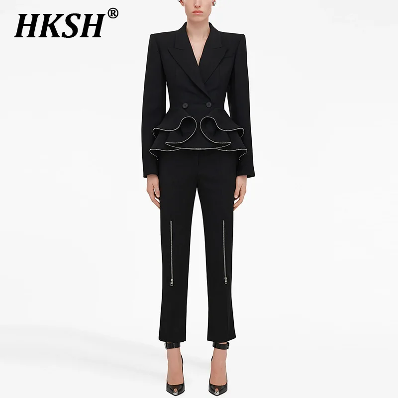 HKSH 2024 Autumn New Women's Fashion Ins Zipper Ruffle Edge Suit Coat Pencil Pants Set Two Piece Sets Streetwear Elegant Blazer