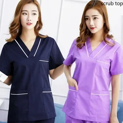 Nursing Uniforms Women Scrub Top Short Sleeve Medical Clothes Mock Wrap Veterinary Workwear Doctor Surgical Overalls Plug Size