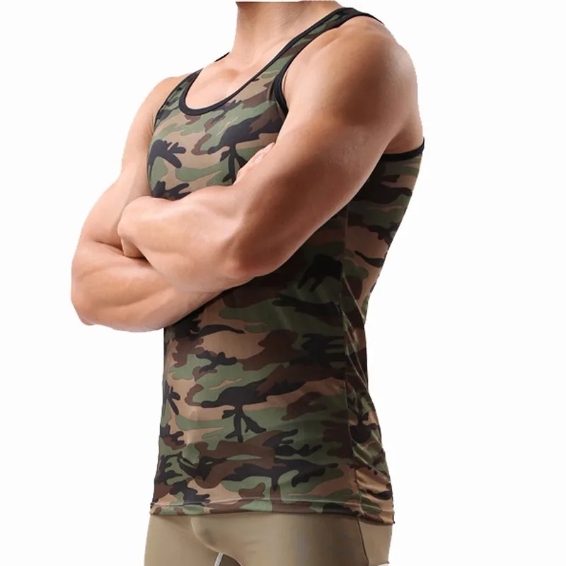 Men Undershirts Camouflage Printed Sexy Ultra-thin Sheer Sleeveless Shirts Quick Drying Fitness Camiseta Tank Tops Underwear 3XL