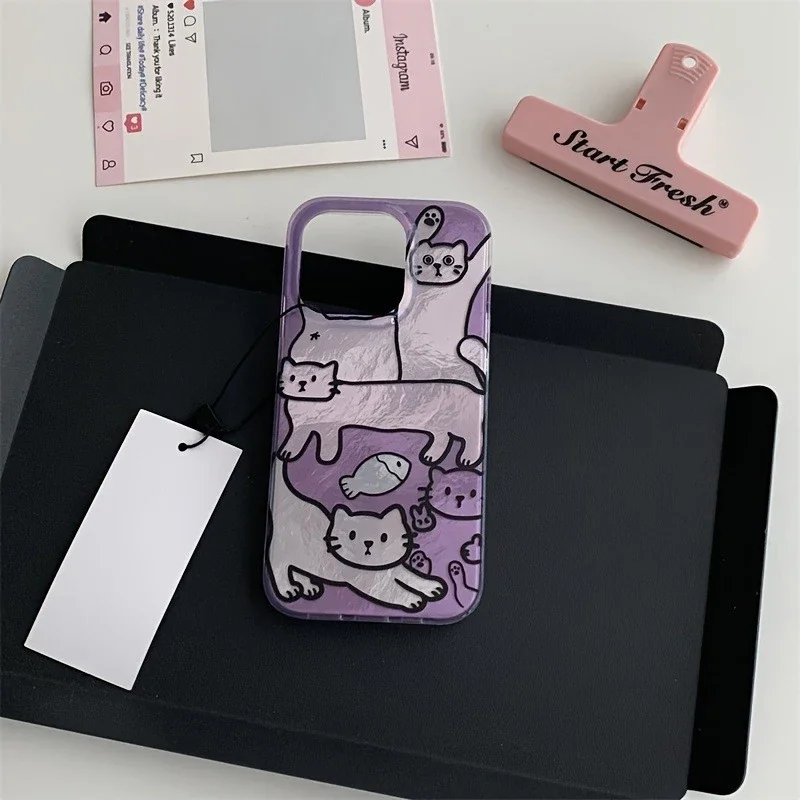 Phone Case For iPhone 16 15 14 13 12 11 Pro Max XS X XR 7 8 Plus SE 2022 Perforated Vortex Shell IND Purple Fish Cat Soft Cover image 5