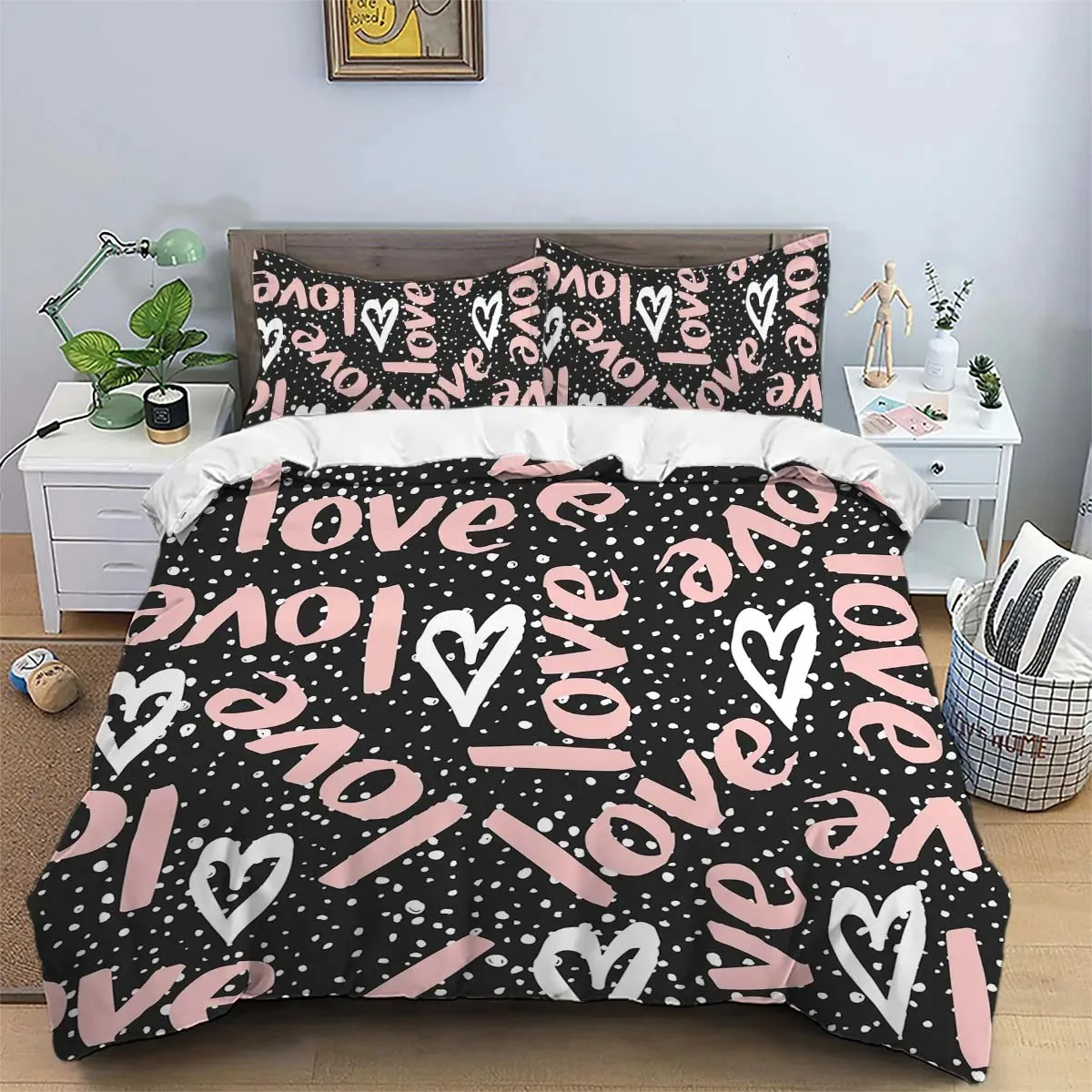 

3 Piece Matte Polyester Bedding Set, Skin Friendly and Warm, Comfortable, Black Surface, White Polka Dots, Pink Love Letters