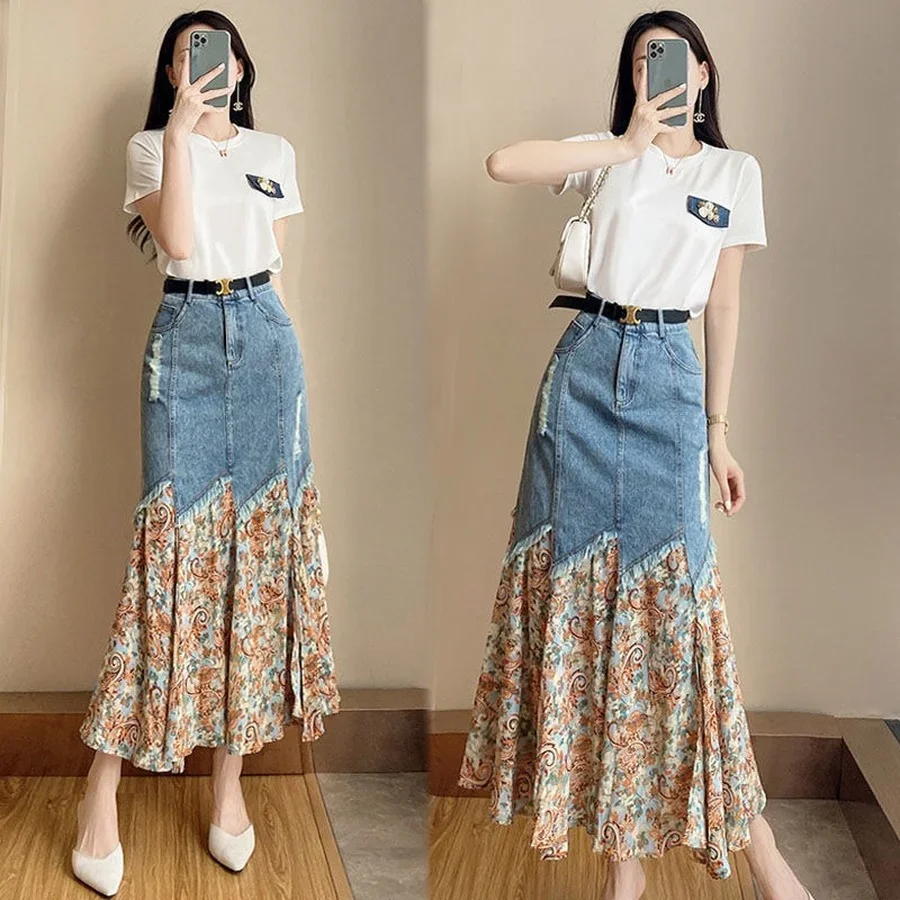 Korean Fashion Denim Panelled Skirt T-shirt Two Piece Set Hole Retro Leisure Folds Denim Skirt Summer Clothes Designer