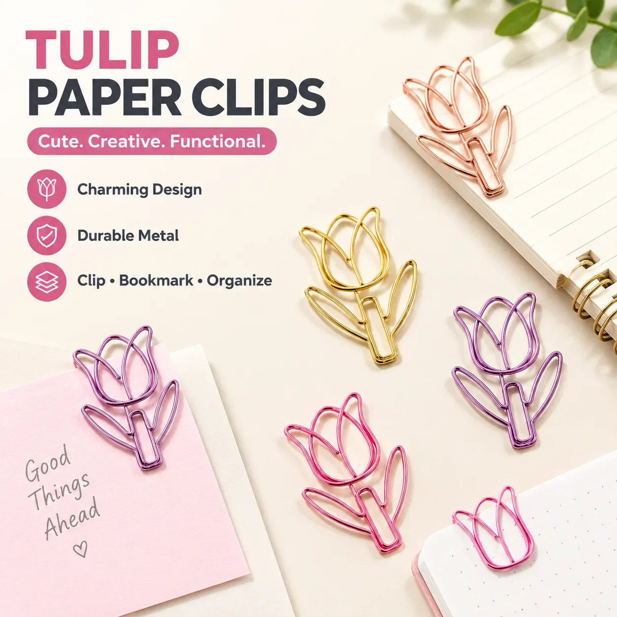 Tulip Shaped Metal Paper Clips Cute Creative Fastener Bookmark Ornament Multipurpose Packing Holder for Office Study Supplies