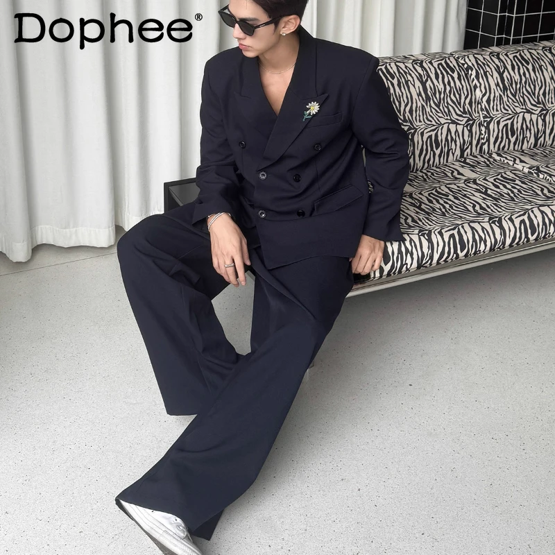 

Men's 2025 Autumn New High-End Two-piece Sets Fashion Retro Comfort Blazers Loose Straight-Leg Suit Pants Sets Solid Color 2pcs