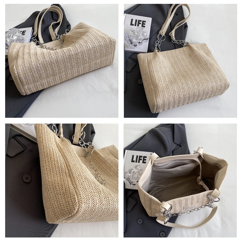 Rattan Woven Handbag for Women, Beach Bag, Handmade, Knitted Straw, Large Capacity Totes, Leather, Bohemia, New, Summer