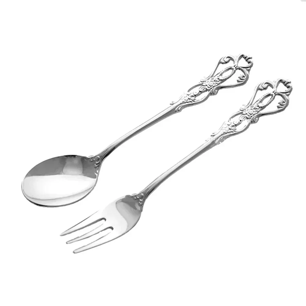 1 Pair Vintage Gold Spoon Fork Cutlery Set Stainless Steel Luxury Dessert Spoon For Desserts Coffee Souvenirs 12.6CM/12.9CM