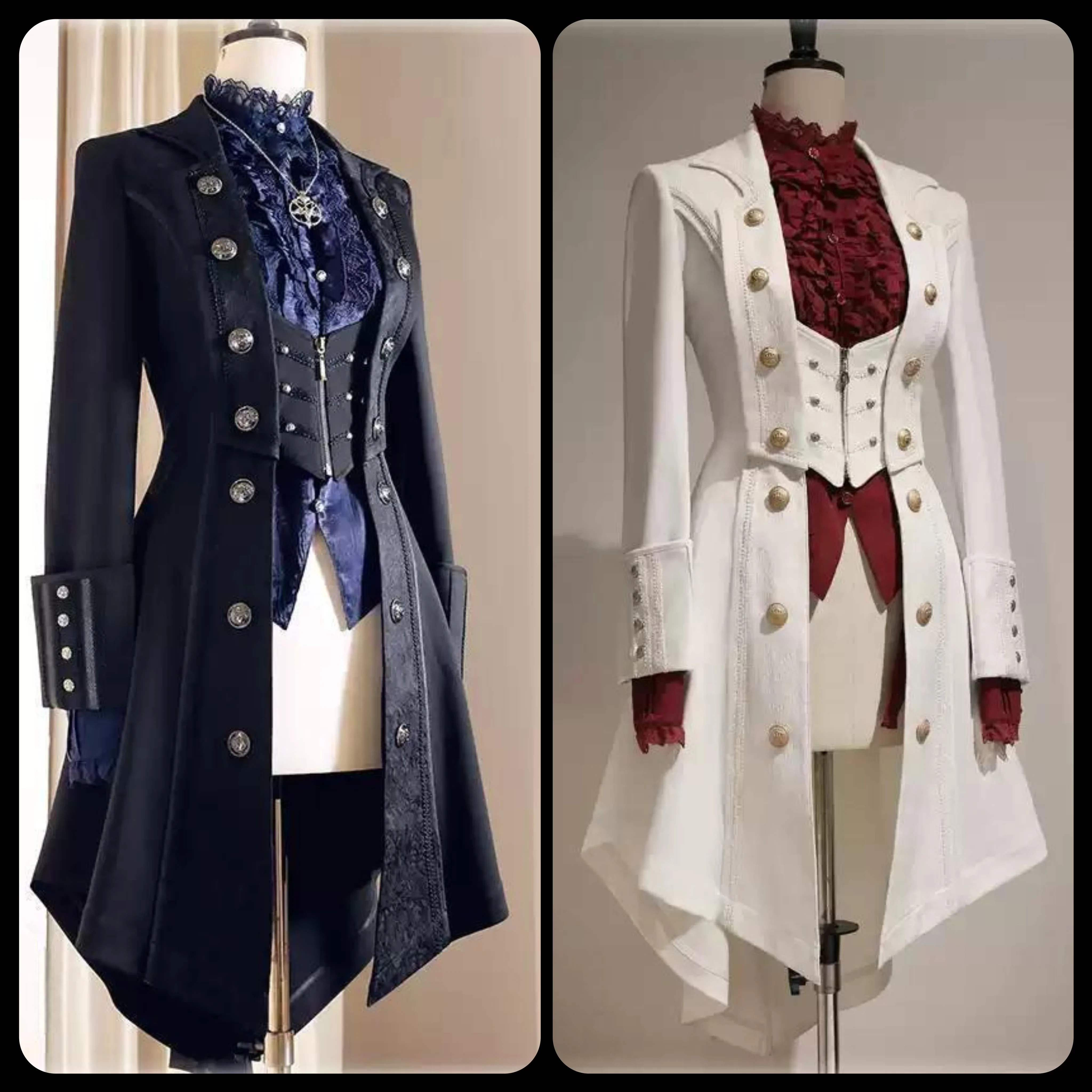 

British Style Retro Dark Goth Handsome Black Trench Coat Women Girls Lolita Fake Two Vest White Coats Jacket Y2k Cosplay COSTUME