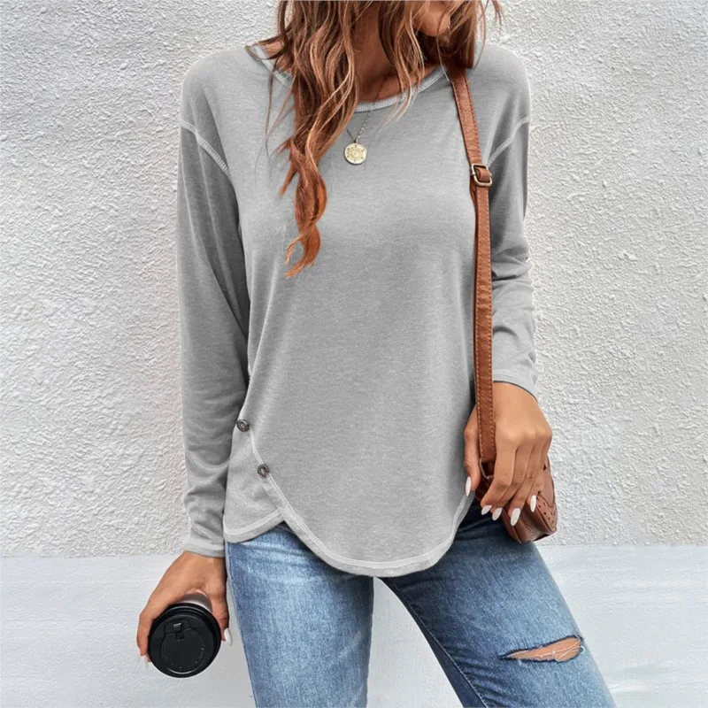 Autumn And Winter New Women\'s Button Irregular Long Sleeved T-shirt Solid Color Round Neck Loose Fitting Pullover  Woman Tops