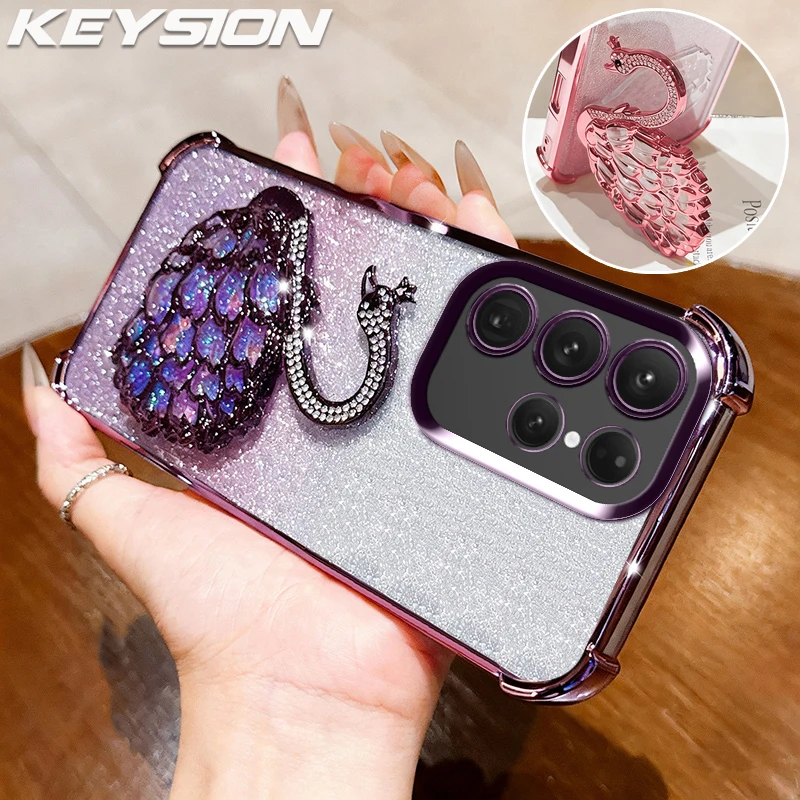 

KEYSION противоударный чехол из ТПУ для телефона Samsung Galaxy S22 S23 S24 S25 Ultra S21+ FE с блестящими украшениями в виде лебедя и подставки