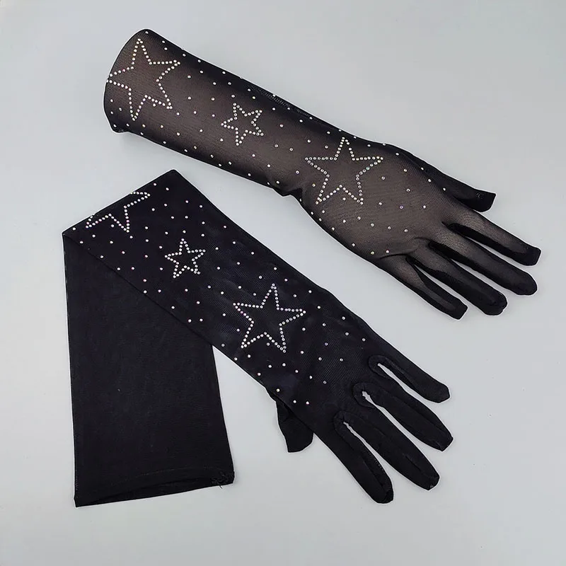 55CM Long Thin Sexy Lace Sunscreen Black Mesh Star Shiny Rhinestone Gloves Cosplay Halloween Makeup Party Costumes Accessories