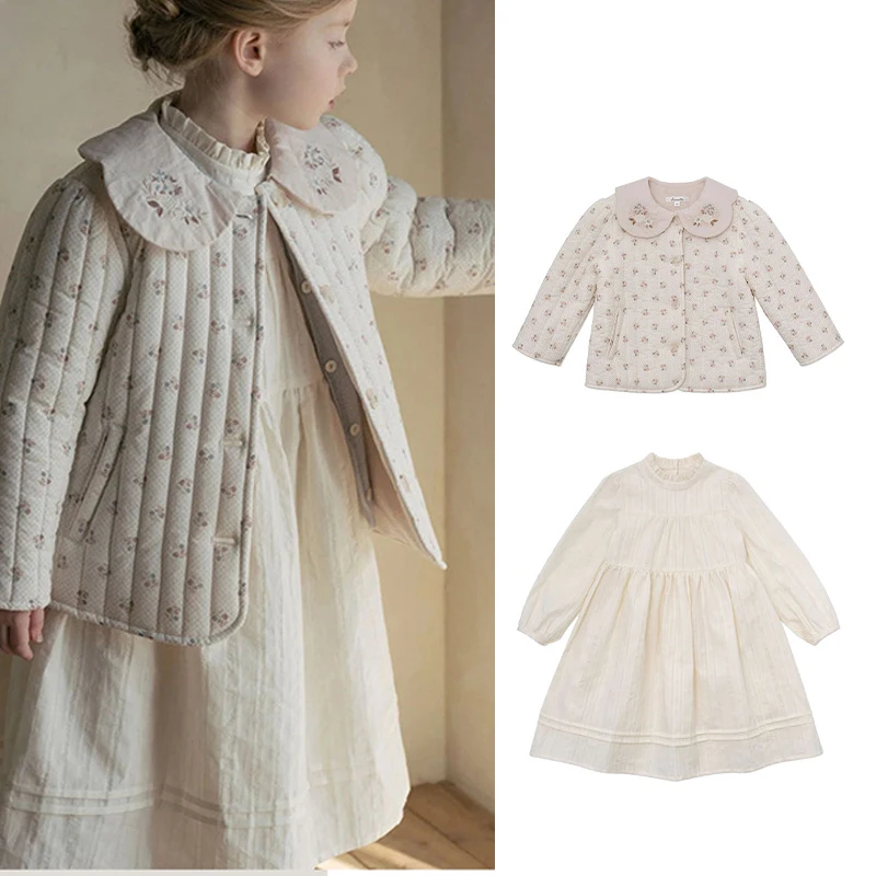 

Kids Jacket and Dress Clothing Sets Aw25 Lou Girls Cute Print Warm Coat and Fashion Princess Dresses