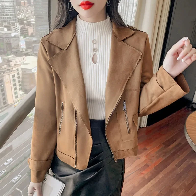 2023 Fashion Khaki Chamois Suede Short Jacket Women Spring Autumn Zipper-up Slim Tops Outerwear Ladies All-match Casual Coats