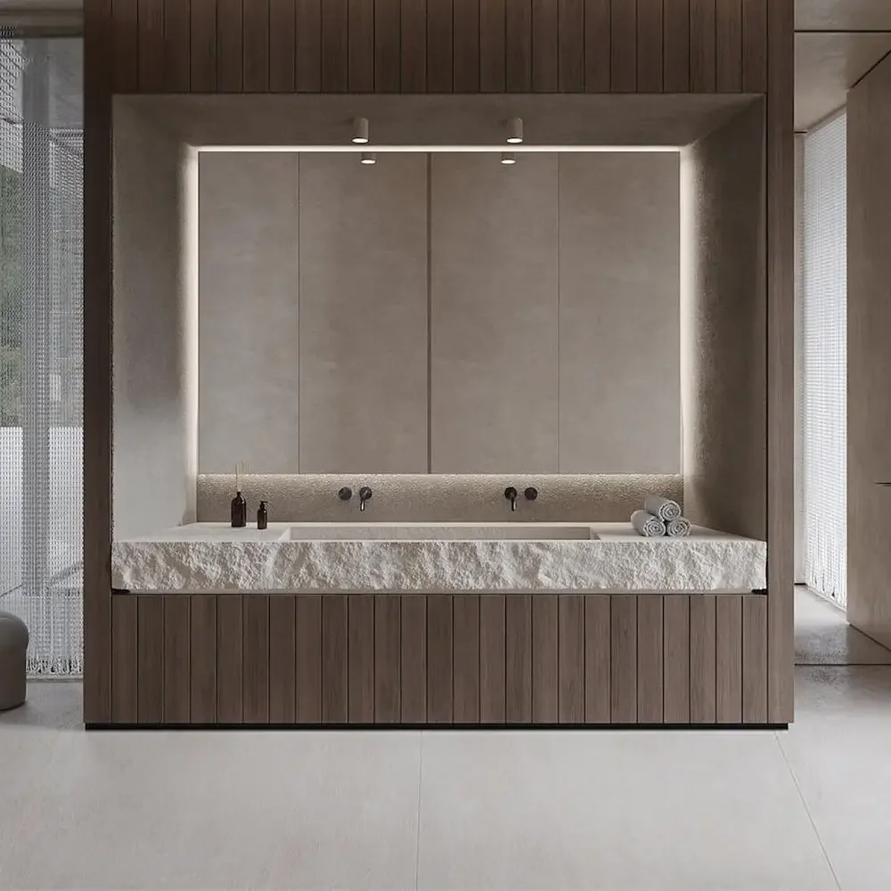 Vintage Travertine Double Sink Console Textured Undermount Basin with Concealed Drain, Mid-Century Cultured Stone Vanity